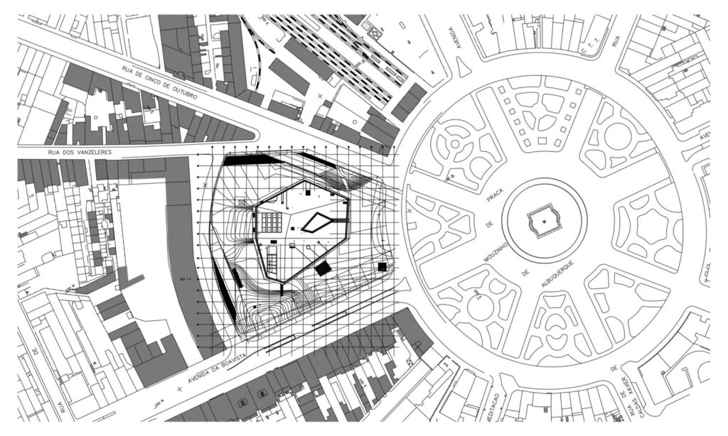 Architectural floor plan of Casa da Musica showing the main auditorium embedded within the building's volume.