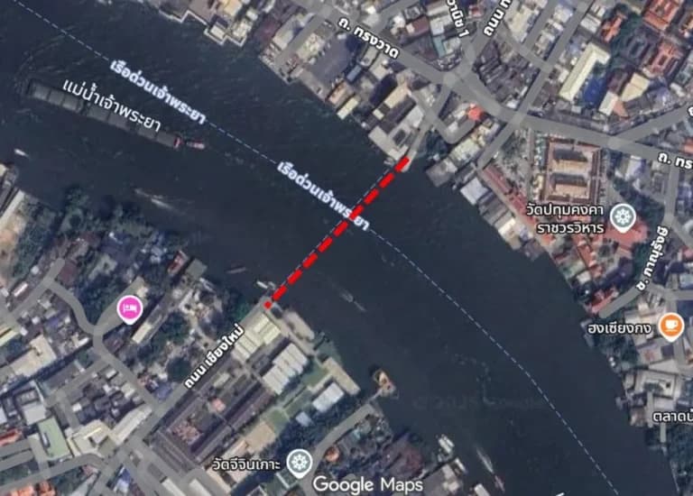 Aerial map showing proposed location of Chao Phraya Pedestrian Bridge between riverbanks  Chao Phraya Pedestrian Bridge