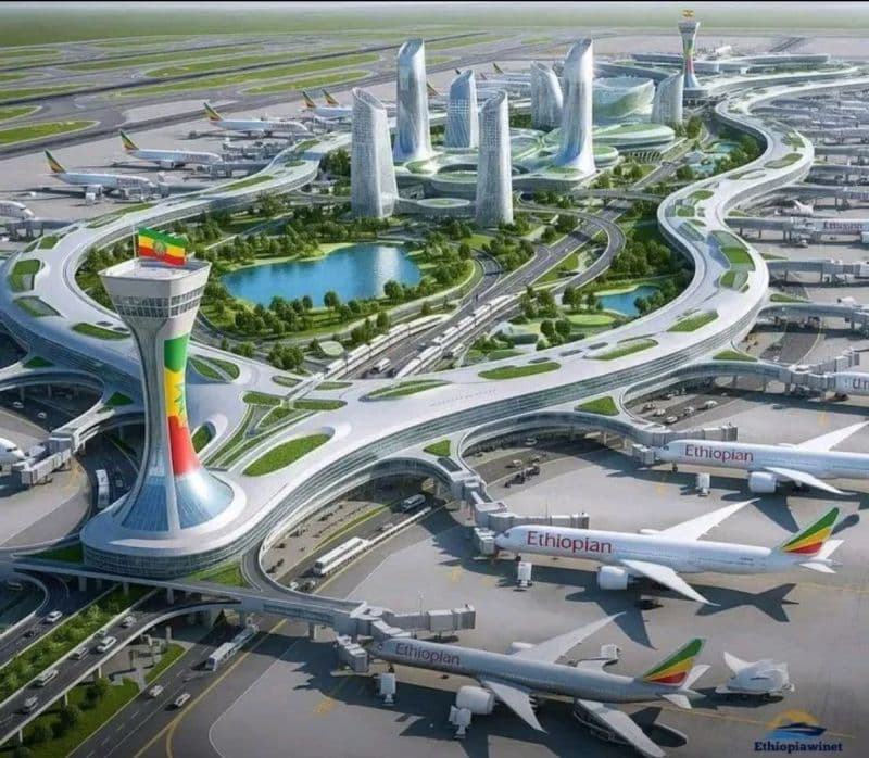 Aerial rendering of Bishoftu International Airport in Ethiopia, featuring a central control tower with national flag colors, curved elevated roadways, and futuristic terminal towers surrounded by green spaces and aircraft.