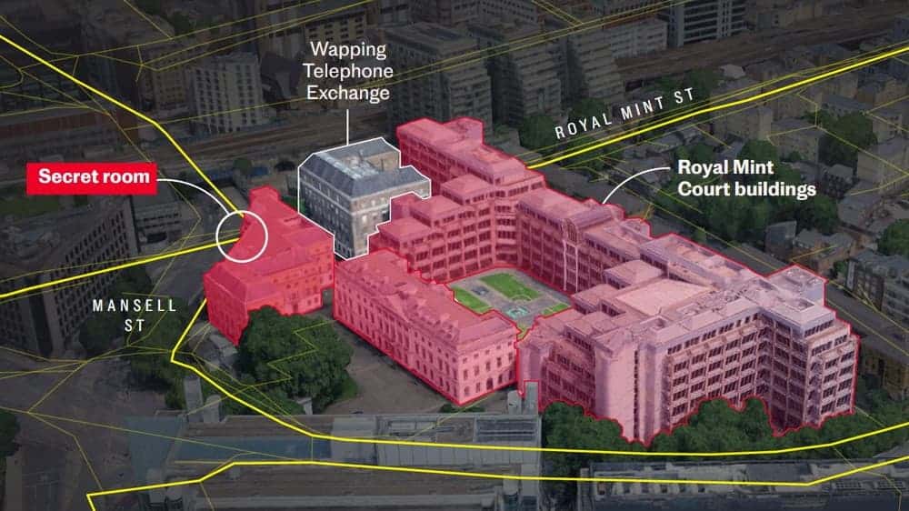 رسم جوي يُبرز مجمع السفارة الصينية في لندن بـ Royal Mint Court، مع تغطية حمراء توضح مساحات المباني، وغرفة مُسمّاة "سرية"، والبنية التحتية المحيطة مثل مركز وابينغ للهاتف وشارع مانسل.