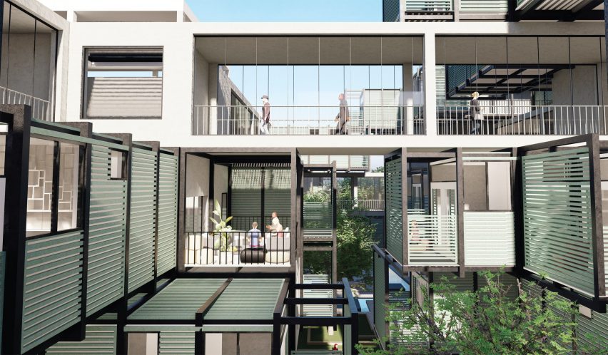 Interior courtyard view of a mixed-use housing proposal in Chelmsford, UK, showing multi-level walkways, shaded balconies, and integrated greenery for social interaction.