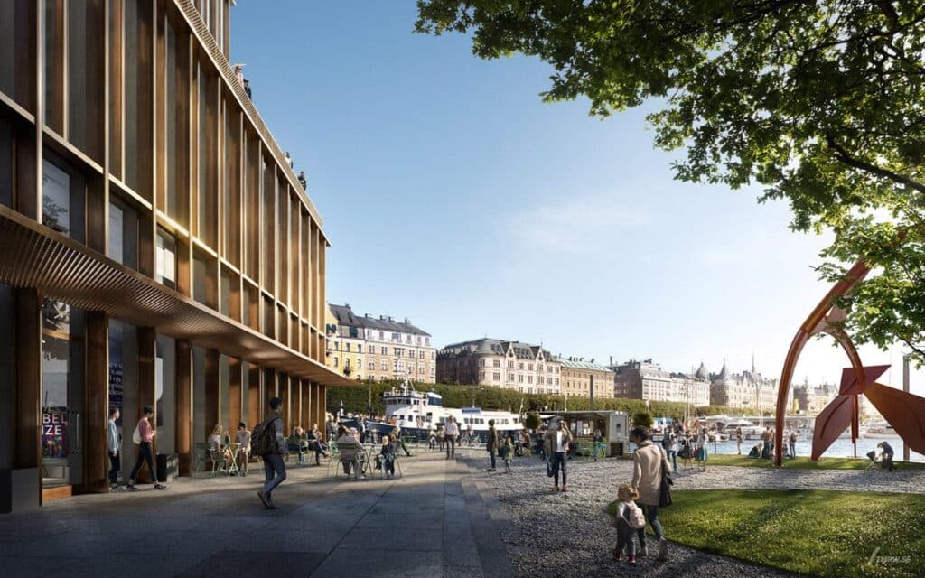 Nobel Center Stockholm 2026 ground floor view showing public terrace, timber facade, and waterfront promenade with city skyline