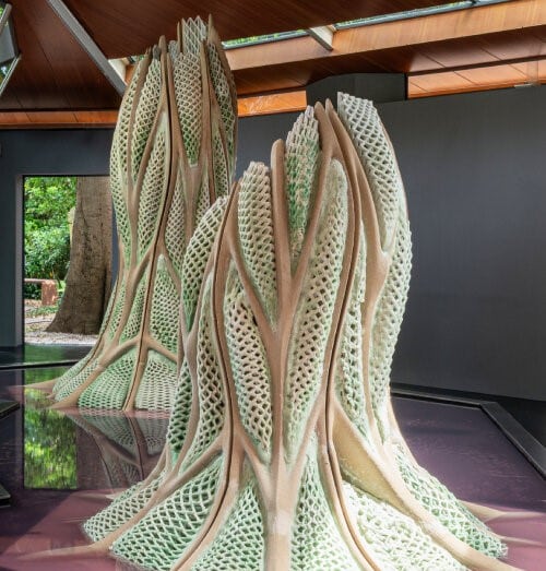 Biomimetic 3D-printed Living Building prototypes with root-like structural systems, displayed in natural light under timber canopy, showcasing carbon-absorbing bio-integrated facades.