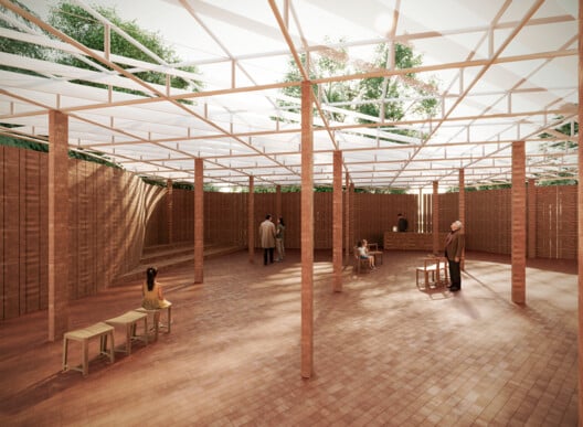 An interior rendering of the Serpentine Pavilion, showing the brick flooring, support columns, and the light filtering through the translucent roof Serpentine Pavilion.