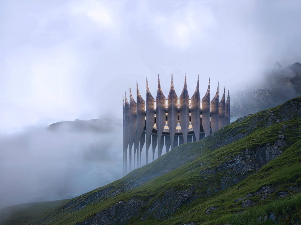 A close view of the Lynx futuristic gothic drone stations on a steep, misty mountainside, showcasing its unique architectural form