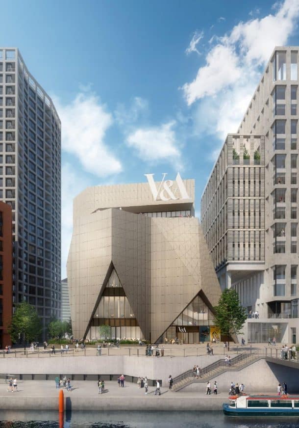 A waterfront view of the new museum in Stratford, showing its relationship with the surrounding urban infrastructure and public square