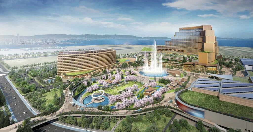 عرض تصور لمنتجع كازينو متكامل في أوساكا يُظهر التوسع الحضري عبر أبراج متعددة الاستخدامات، ساحات مزروعة، وتكامل مع الساحل.