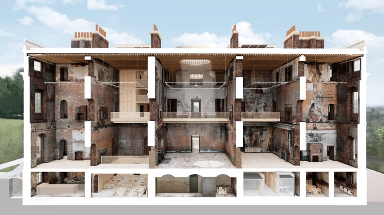 Architectural rendering of the National Trust's plan for Clandon Park, showing new walkways within the Preserved Ruin.