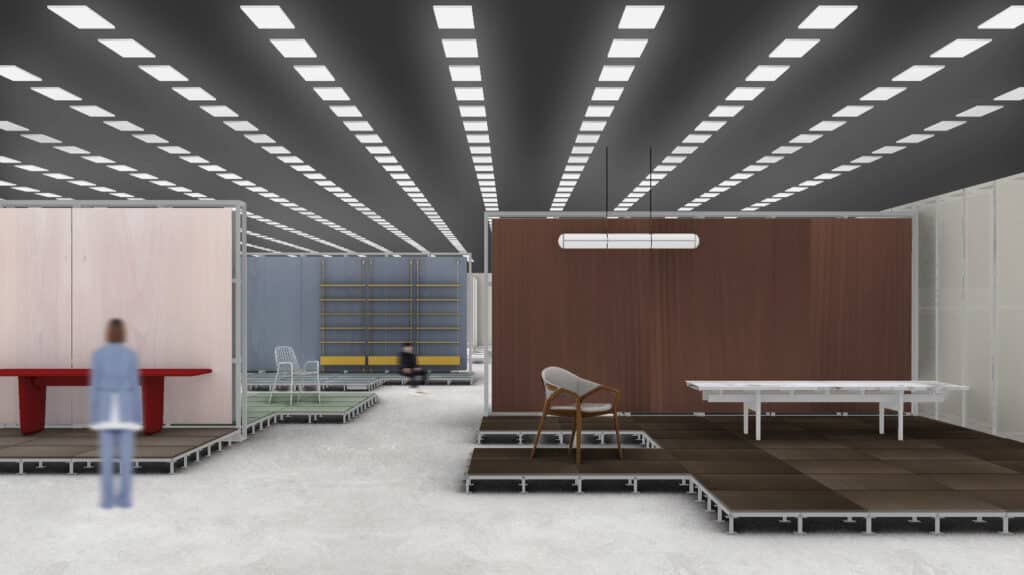 صورة مفاهيمية لمشروع "Salone Raritas"، تتميز بأشكال مجردة وتركيز على ملمس المواد والتصميمات النادرة.