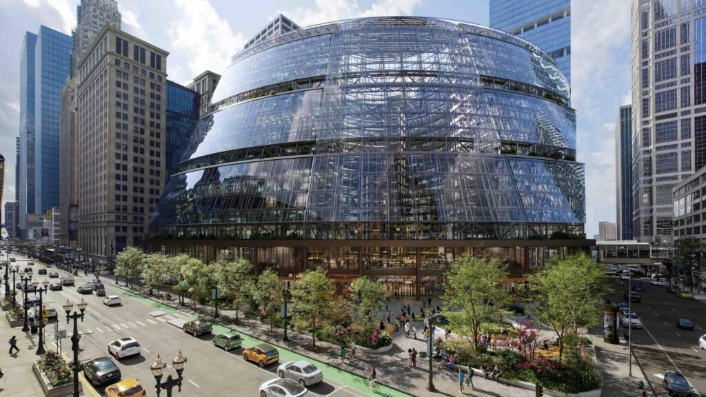 adaptive reuse Rendering of Google&rsquo;s Chicago headquarters, showcasing its curved glass facade and public plaza amid downtown skyscrapers.