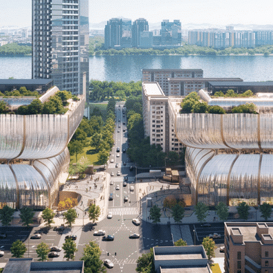 View from a public green terrace on one of the twin towers, looking out over the city of Seoul.