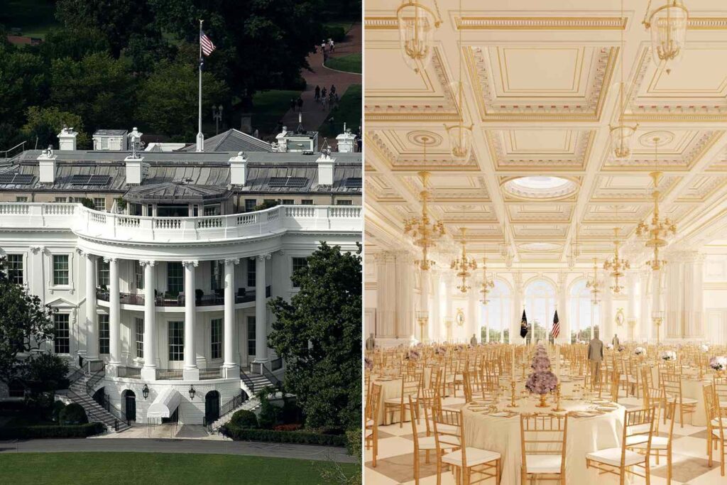 Split view: exterior of the South Portico and interior rendering of the proposed 90,000-square-foot ballroom with neoclassical detailing.
