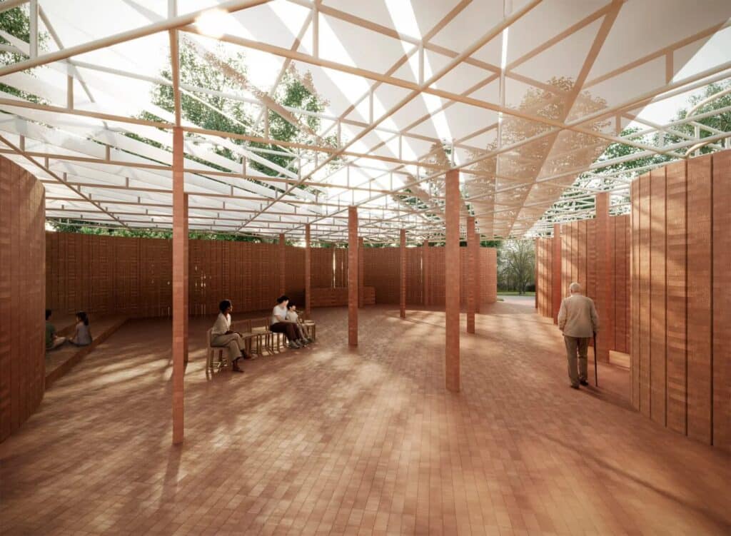 Interior perspective of the 2026 Serpentine Pavilion, featuring a space-frame roof structure and permeable brick patterns that allow natural light into the gathering area.