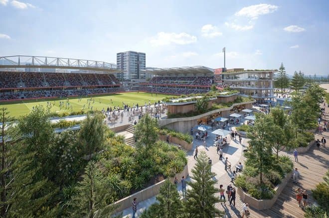 Concept render of the upgraded WIN Stadium showing the new northern grandstand from the perspective of the playing field.