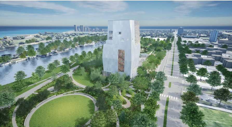 A high-angle digital rendering of the Obama Presidential Center, featuring a tall, light-colored stone tower with a colorful mosaic, surrounded by lush green parkland, winding paths, and a nearby river.