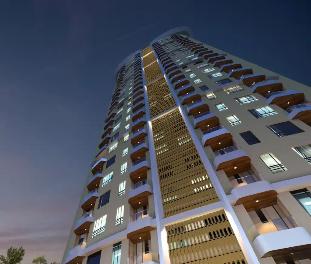 أبراج حضرية مستقبلية مع أنظمة واجهات تفاعلية