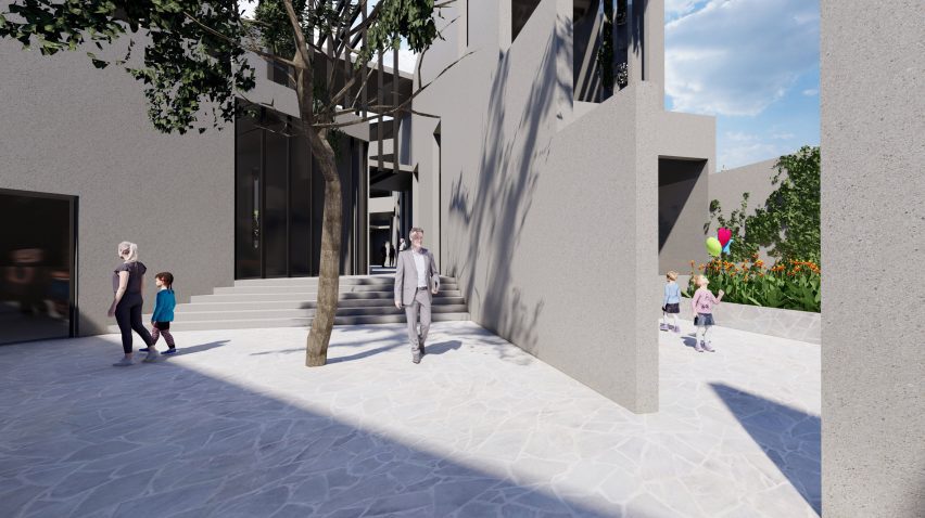 Pedestrian-scale view  in Chelmsford, UK, showing shaded walkways, integrated greenery, and communal entry points for residents and visitors.