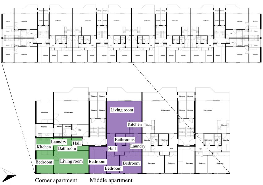 Curvilinear suburban street layout with repeated housing units