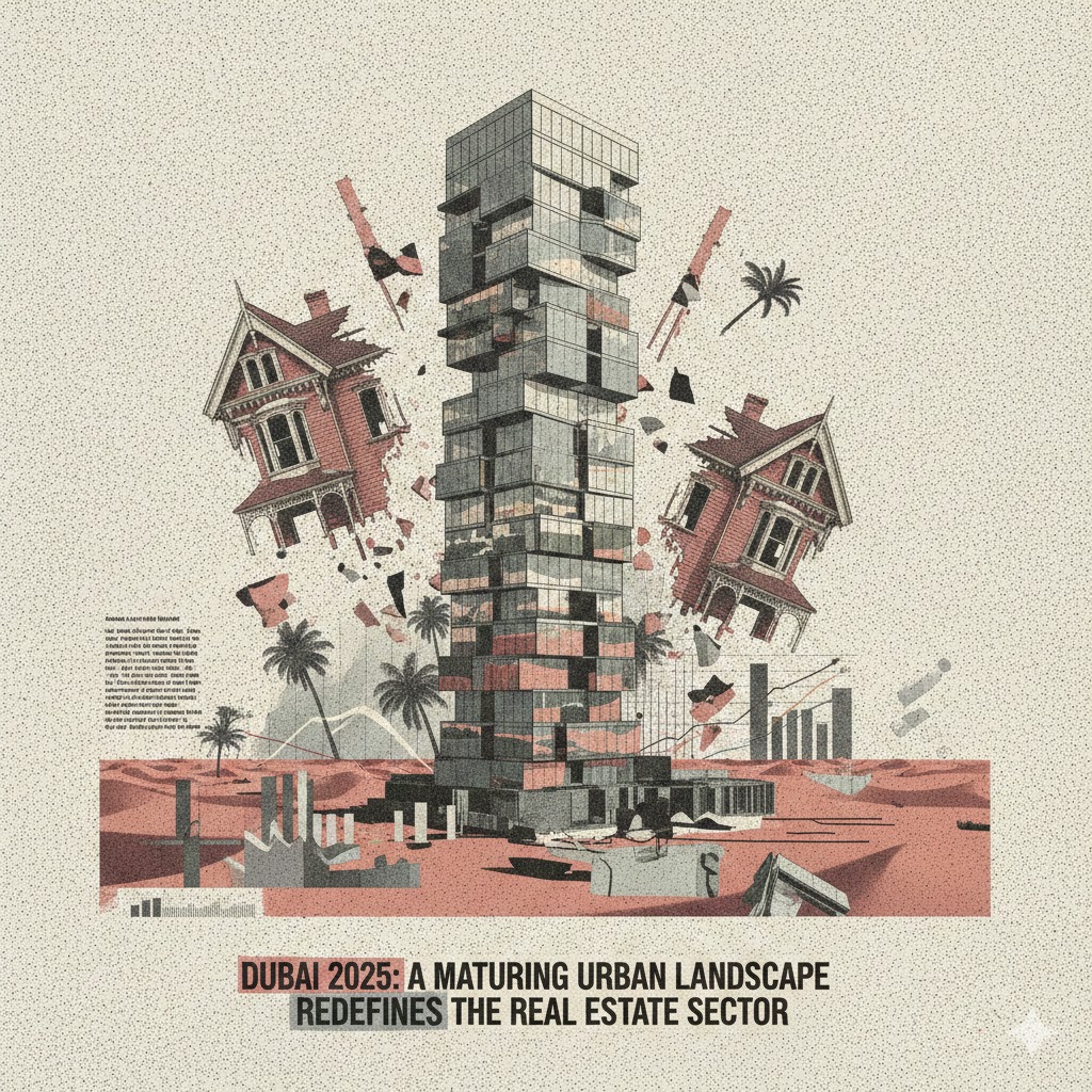 A conceptual, stippled art illustration featuring a tall, modern glass skyscraper rising from a desert landscape, surrounded by traditional Victorian houses shattering into pieces. The image includes palm trees, data bar charts, and the text "DUBAI 2025: A MATURING URBAN LANDSCAPE REDEFINES THE REAL ESTATE SECTOR."