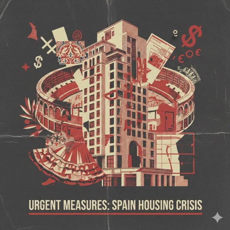 A conceptual collage in a red, cream, and dark grey halftone style featuring a modern apartment building layered over Spanish cultural symbols like a flamenco dress and a bullring. Symbols for currency (Euro and Dollar) float in the background, with the text "URGENT MEASURES: SPAIN HOUSING CRISIS" at the bottom.