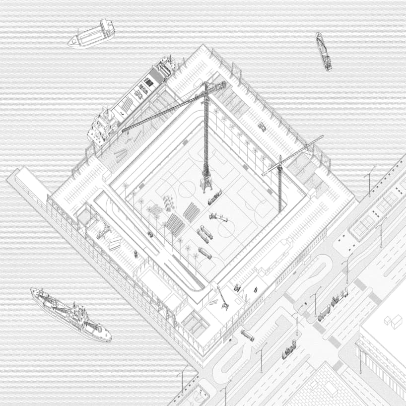 رسم تقني إيزومتري لموقع بناء على الكورنيش، يُظهر رافعات ومنصات وحدوية وشوارع حضرية مجاورة &mdash; يوضح المنطق المكاني لإعادة استخدام البنية التحتية التكيفية.