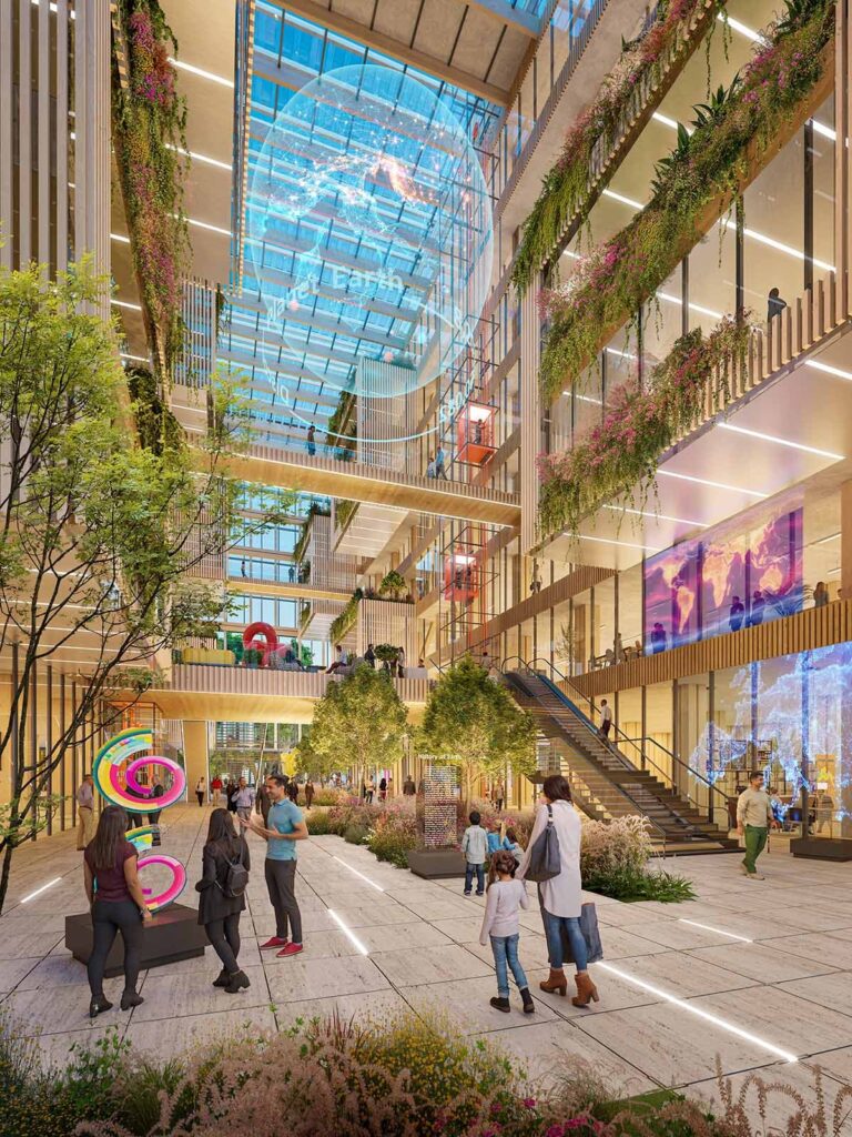 Central atrium with timber walkways, flowering planters, and interactive environmental displays in Rome  concept by PLP Architecture.