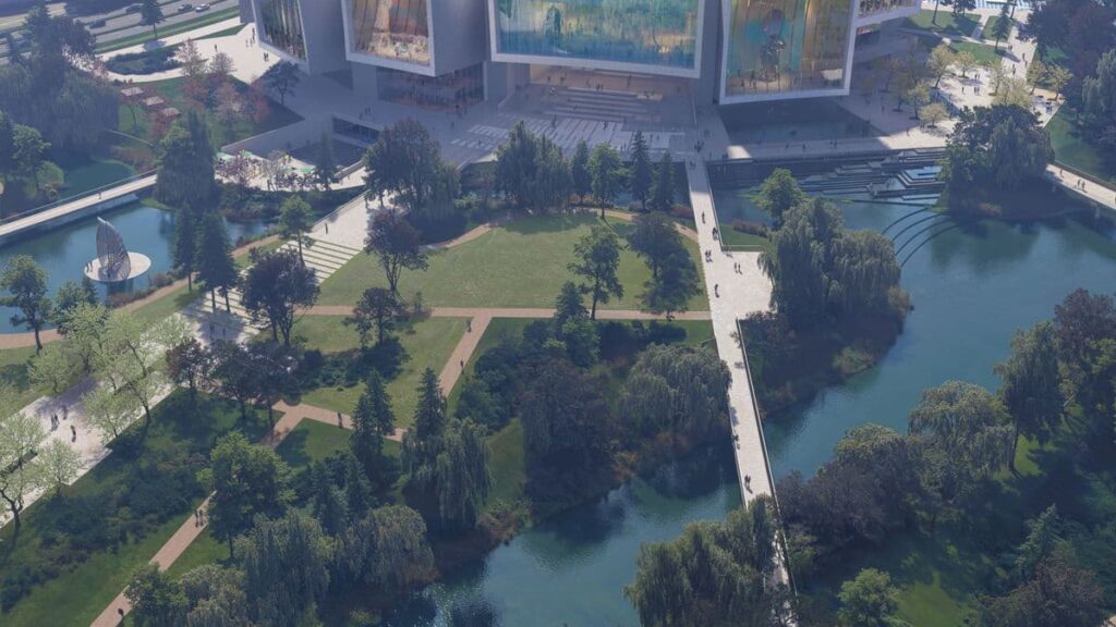 Aerial view of the Tongzhou, showing its integration with landscaped parks, water features, and pedestrian bridges connecting public spaces.