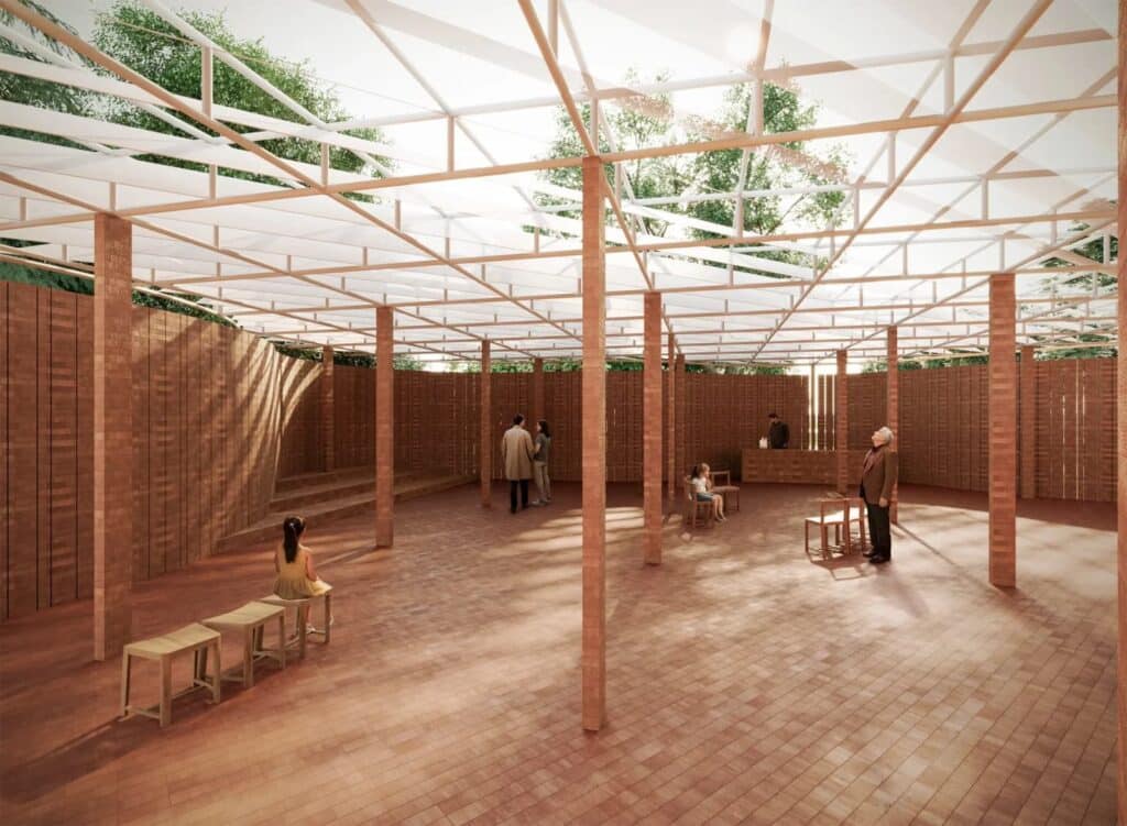 Detailed interior shot of the 2026 Pavilion, showing visitors interacting with the space-frame structure and the monolithic brick flooring and walls.