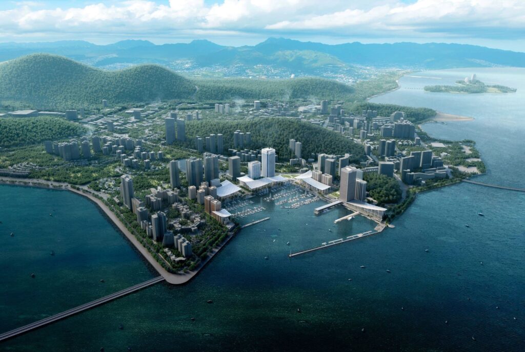 Daytime aerial rendering of the completed Jiuzhou Bay Port complex, showing the ferry terminals, transit hub, and surrounding towers.