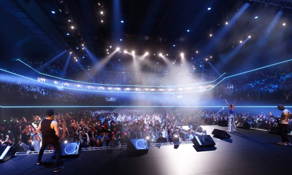 مجمع ولونجونج الرياضي 
ومنظر داخلي لساحة وين المقترحة في ولونجونج، وهي مجهزة لاستضافة حفل موسيقي مباشر مع مسرح كبير ومقاعد للجمهور.