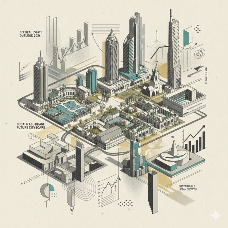 An isometric architectural illustration of a modern city in the GCC, featuring futuristic skyscrapers, sustainable green spaces, and data visualization charts. The artwork uses a muted vintage color palette of teal, gold, and grey on a textured cream background.