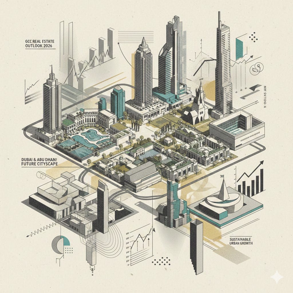 An isometric architectural illustration of a modern city in the GCC, featuring futuristic skyscrapers, sustainable green spaces, and data visualization charts. The artwork uses a muted vintage color palette of teal, gold, and grey on a textured cream background.