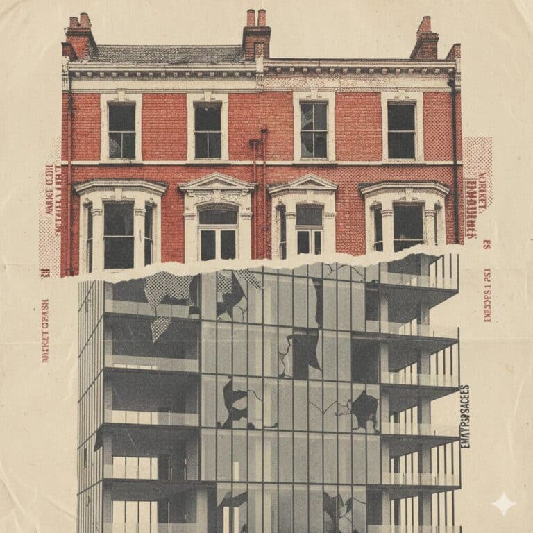 A collage graphic showing a traditional red brick Victorian building on top, separated by a torn paper edge from a modern glass high-rise below. Both structures appear damaged with broken windows, accompanied by distressed text like "Market Crash" and "Empty Spaces."