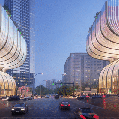 Close-up detail of the crystalline glass facade, showing the texture and structure of the building's skin.