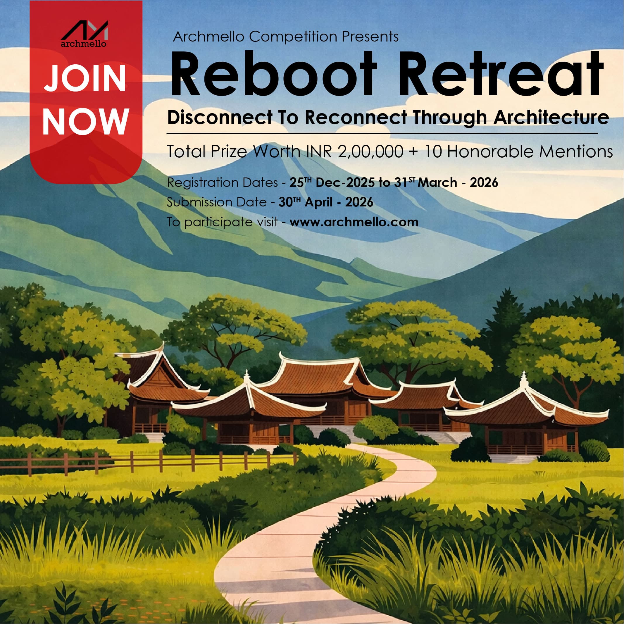 Promotional poster for the Reboot Retreat – Disconnect To Reconnect Through Architecture competition showing event title and visual branding.