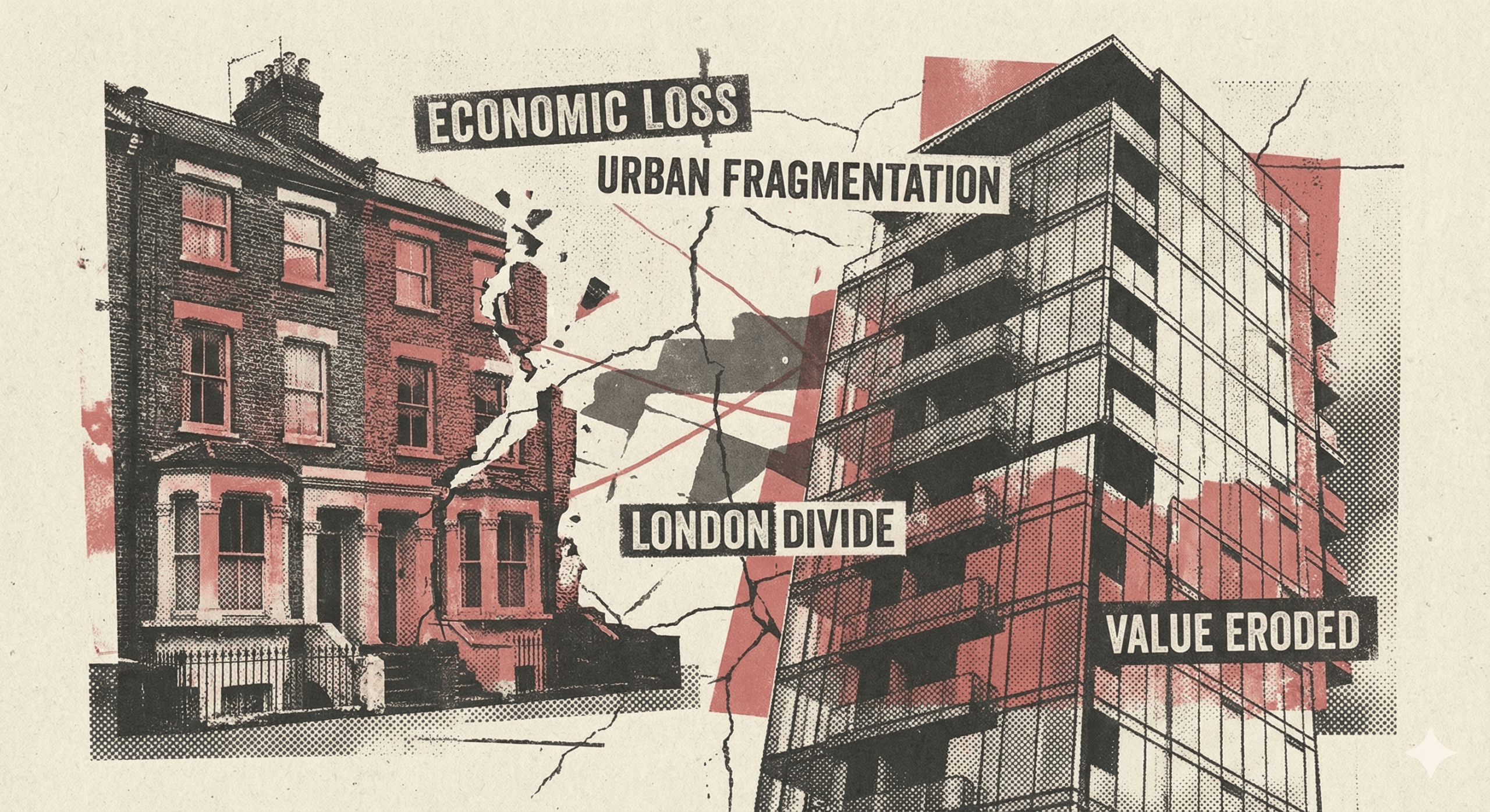 A collage-style graphic split by a jagged crack, showing traditional brick terraced houses on the left and a modern glass apartment building on the right. Overlaid text labels include "Economic Loss," "Urban Fragmentation," "London Divide," and "Value Eroded."