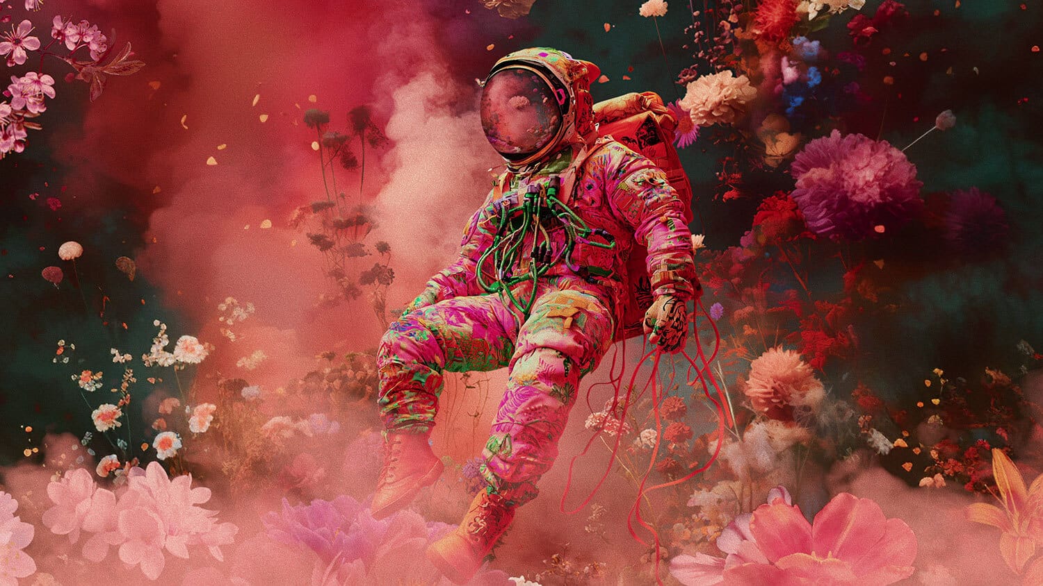 Visual promotional image for Liam Young: Planetary Imaginaries exhibition showing speculative futuristic architecture and world‑building concepts.