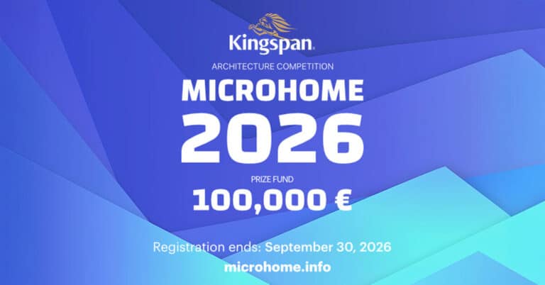 Promotional graphic for the Kingspan MICROHOME 2026 architecture competition showing conceptual microhome design elements and event branding.