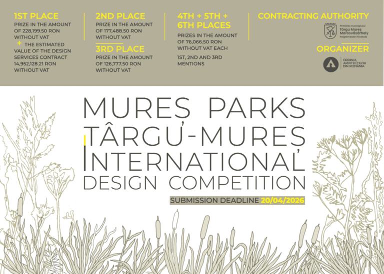 Promotional graphic for the Mureș Parks, Târgu Mureș International Design Competition 2026 showing the green-blue park site map and competition title.