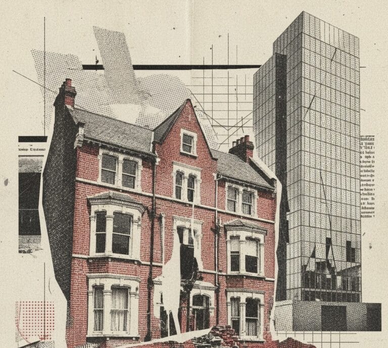 A digital collage featuring a traditional three-story red brick Victorian house in the foreground and a sleek, geometric modern skyscraper in the background, set against a textured, vintage paper background with newsprint and halftone patterns.