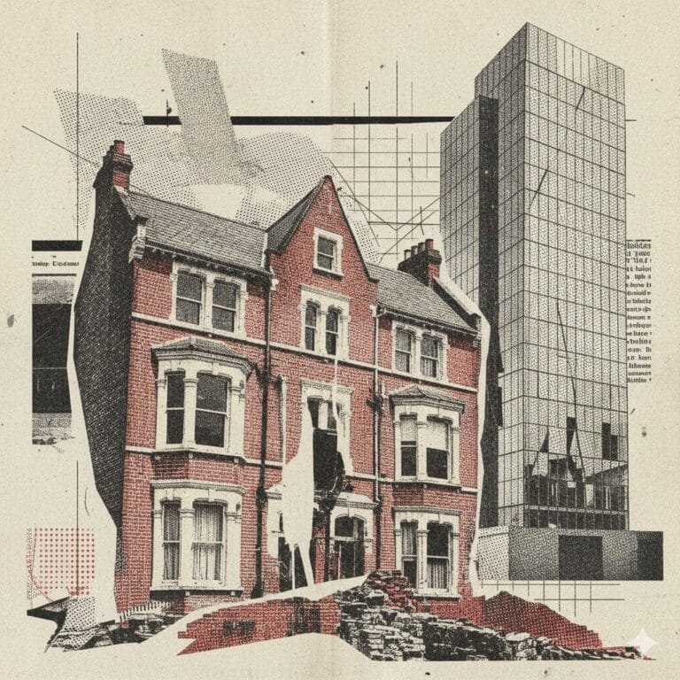 A mixed-media digital collage featuring a traditional three-story red brick Victorian house in the foreground, juxtaposed against a towering, modern glass skyscraper in the background. The artwork uses a textured, vintage newsprint aesthetic with halftone dots, architectural grids, and jagged paper-tear edges on a beige, speckled background.