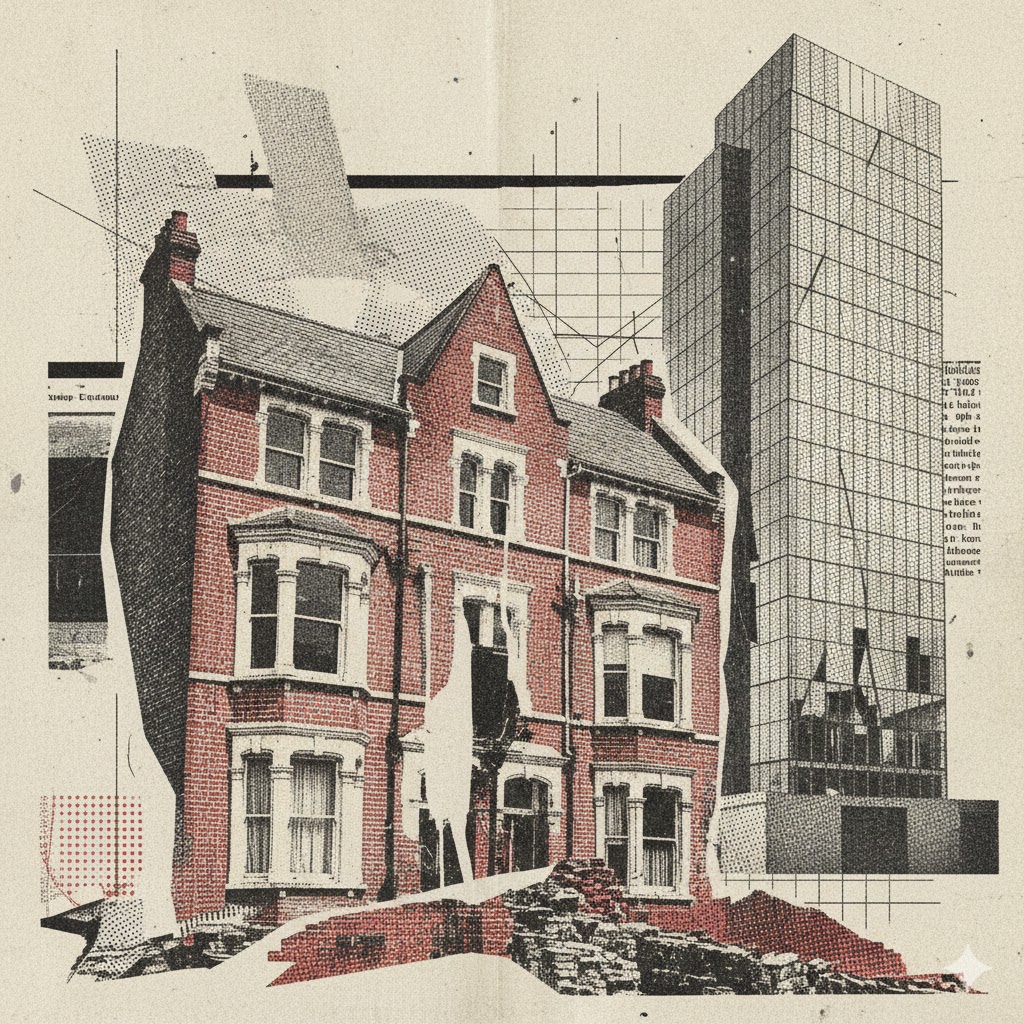 A mixed-media digital collage featuring a traditional three-story red brick Victorian house in the foreground, juxtaposed against a towering, modern glass skyscraper in the background. The artwork uses a textured, vintage newsprint aesthetic with halftone dots, architectural grids, and jagged paper-tear edges on a beige, speckled background.
