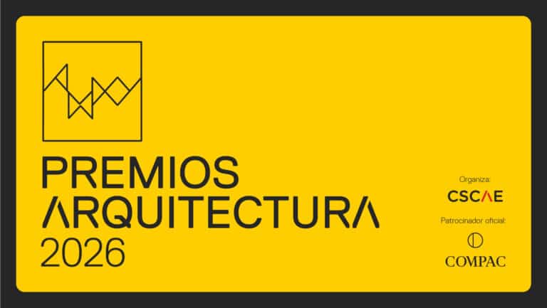Promotional banner for the Premios Arquitectura 2026 showing award title and a featured architectural project in the background.