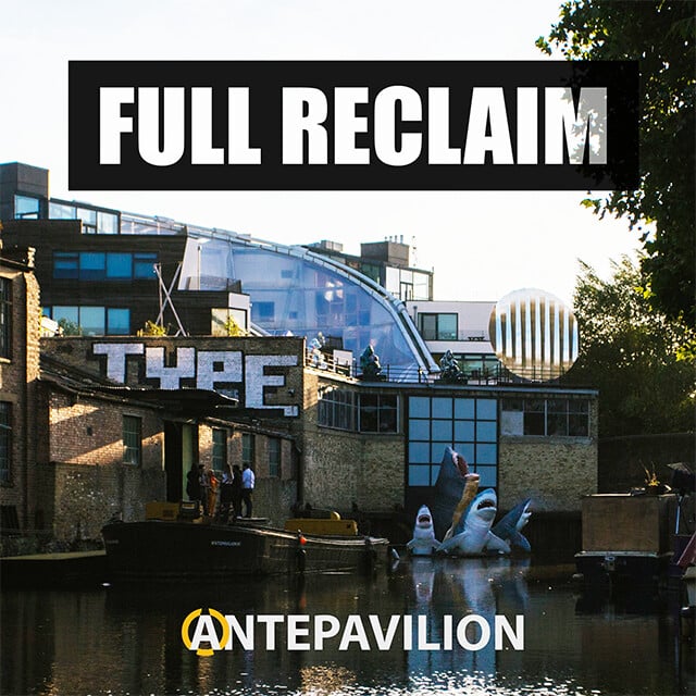 Promotional graphic for the Full Reclaim architecture competition showing reclaimed material structure concept and event branding.