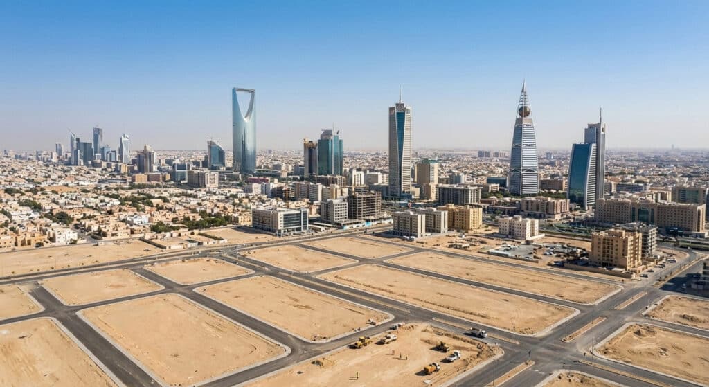 An aerial view of the Riyadh skyline featuring the Kingdom Centre and Al Faisaliyah Center skyscrapers, with an empty plot of land in the foreground divided by newly paved asphalt roads under a clear blue sky.