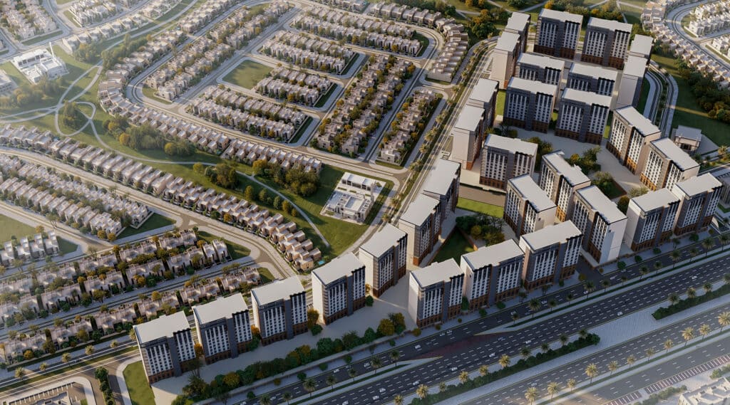 An aerial 3D architectural rendering of a large-scale urban development featuring high-rise apartment complexes in the foreground and extensive rows of suburban villas in the background, connected by organized road networks and green spaces.