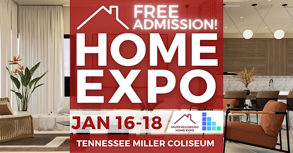 Promotional banner for Murfreesboro Home Expo 2026 showing event branding with home improvement and design visual elements.