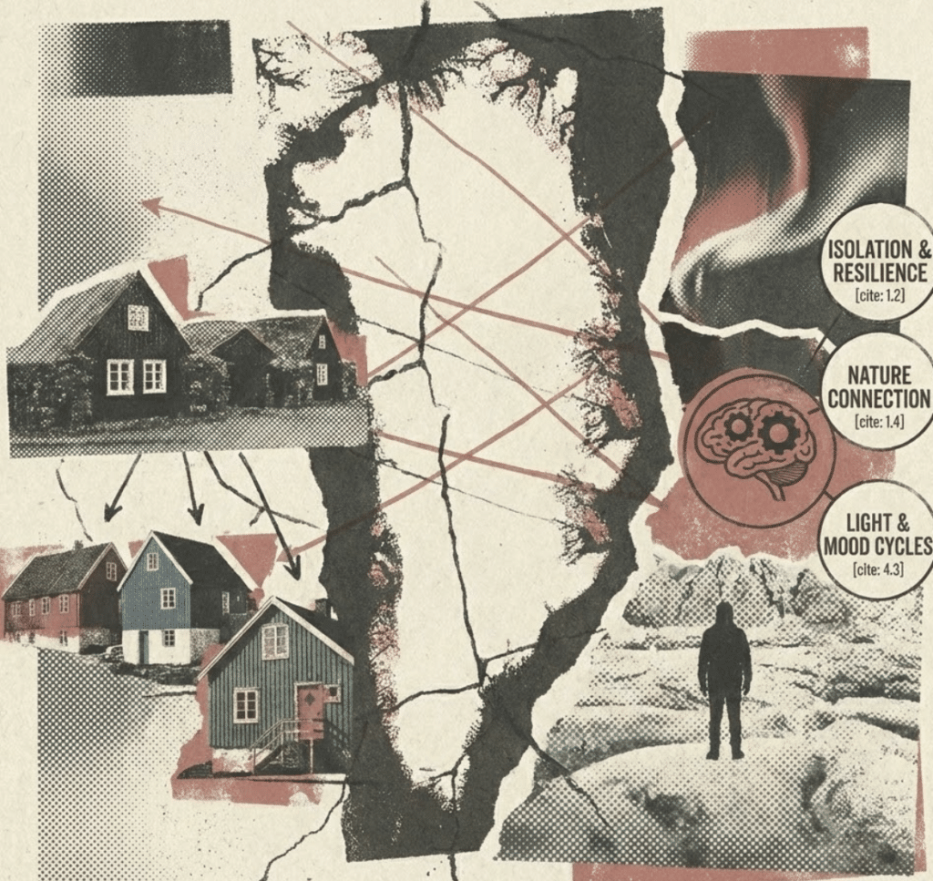 A conceptual collage map of Greenland connecting colorful traditional wooden houses with psychological text labels such as "Isolation & Resilience," "Nature Connection," and "Light & Mood Cycles.