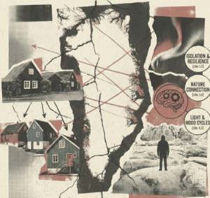 A conceptual collage map of Greenland connecting colorful traditional wooden houses with psychological text labels such as "Isolation & Resilience," "Nature Connection," and "Light & Mood Cycles.