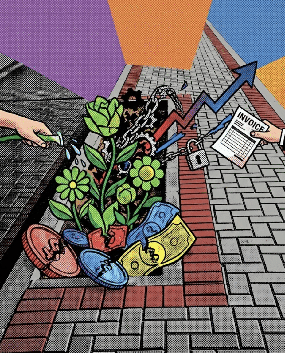 "Illustration depicting the economics of paid parking: Financial investment and maintenance (watering) leading to revenue growth and ROI, represented by a money plant and invoice.